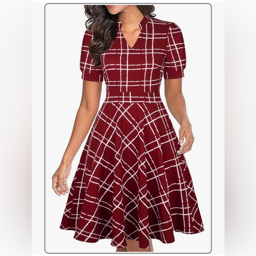 Red A-Line Midi Dress with V-Neck Notched Collar